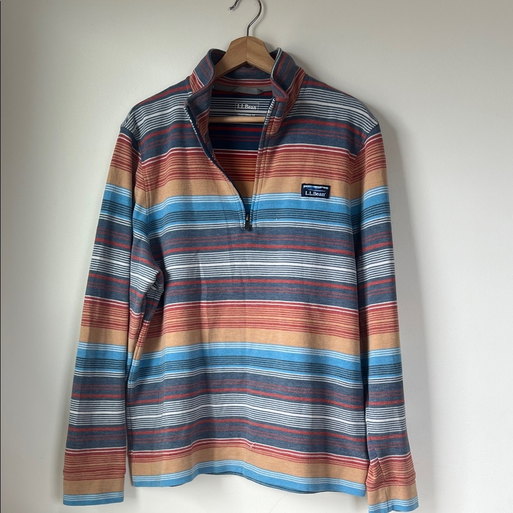 L.L. Bean Striped Quarter-Zip Pullover in Blue, Rust, Tan